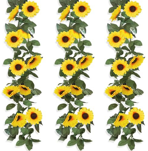 ROLLWAY 3 Stück Künstliche Sonnenblumen Girlande 2,25m Blumengirlande Sonnenblumegirlande Gefälschte Sonnenblumenranke Künstliche Blumen Girlande Seidenblumen Hängend für Zuhause Hochzeit Party Deko