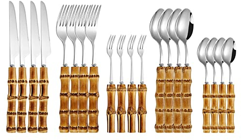 Couverts Ensembles Service De Table En Bambou Manche Naturel En Acier Inoxydable Vaisselle Rétro Couteaux À Steak Fourchette De Table Cuillère 20 Pièces