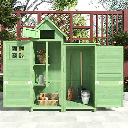 Merax Gerätehaus Geräteschuppen mit Pultdach, Fundament, und 2 Ablagen, Outdoor-Schrank Gartenhaus Schrank, Gartenbox mit PVC Dach, Tannenholz, Wetterfest, 118 x 54 x 173cm, Grün