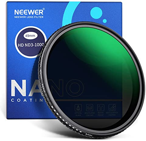 NEEWER Filtro ND Variable de 49 mm ND3-ND1000, Filtro de Densidad Neutra de 1.5-10 Paradas limitadas con Vidrio óptico HD y Nano revestimientos de 30 Capas de Doble Cara, Repelente al Agua/Resistente