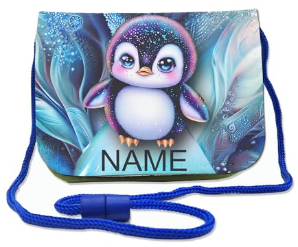 Maus-Design Kinder Brustbeutel Pinguin personalisiert mit Name | Schriftartwahl, Klettverschluss, Schnur zum Umhängen, Klarsichtfach