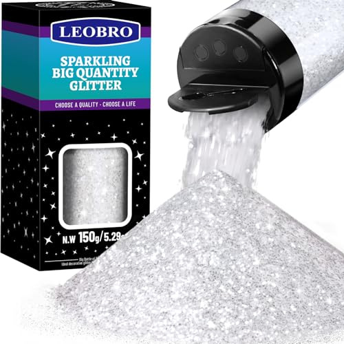 LEOBRO Weiß Glitter, 150G Weihnachten Glitter für Kunsthandwerk, Festival Schnee Craft Flakes Sparkles für Tumbler Weihnachten Dekor, 1/24