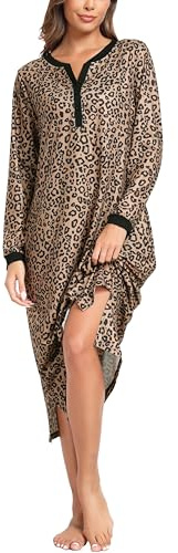 Vlazom Women's Long Nightgown Plus Size Nightshirt V Neck Sleep Dress S-3XL | Soft Baggy Nightdress V Neck Sleepwear Loungewear with Pockets & Buttons
