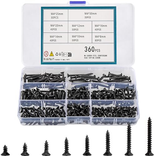 QOOSIKICC 360 Stk selbstschneidende Schrauben Set, M4 schwarze Kreuzschlitzschrauben, Flachkopf Blechschrauben, Holzschrauben, selbstbohrende Senkkopfschrauben für Holz Kunststoff Weichmetall (M4)