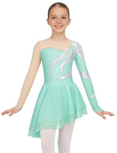 Runhomal Mädchen Langarm Eiskunstlauf-Kleid Pailletten Tanzkleid Skaterkleid Rundhals Ballettkleid Ballettkleidung Turnbody Balletttrikot mit Chiffon Tanzrock Hellgrün 134-140