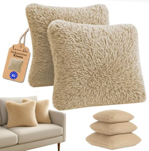 Leanbe Kissen Künstlich Pelz Sofakissen Dekorative Dekokissen Kuschelkissen Plüschkissen Kuschelig Couchkissen Superweich Kissen Flauschig Kissen für Sofa Beige, 40x40cm 2 Stck.