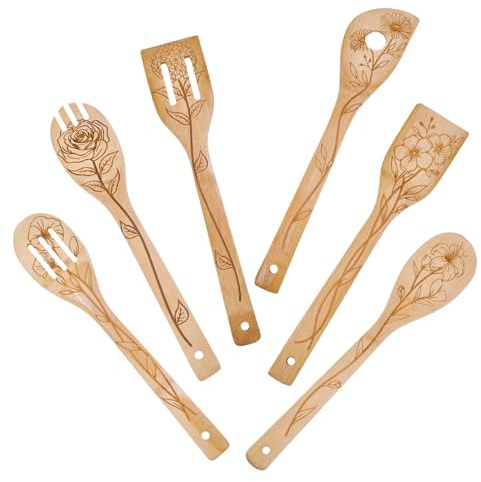 GLOBLELAND 6 Stück Floral Design Bambus Kochutensilien Blumenstrauß Holzgravur Kochlöffel Set Gravur Schnitzerei Küche Bambus Spatel Set Für Küche Housewarming Geschenk Mutter Freundin Frauen