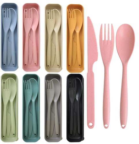 FVFVAHO 8Pack Travel Cutlery Set with Case, Large Reusable Cutlery Set, Portable Travel Fork Knife Spoon Set, Plastic Cutlery Set, Camping Picnic Accessories for School Office Lunch Daily Use