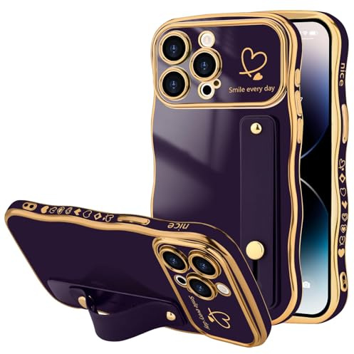 LLZ.COQUE for iPhone 14 Pro Max Case, Luxury Plating Love-Heart Wave Frame Shape Design, Adjustable Hand Strap Stand Cover, Shockproof Bumper Girls Women Phone Case for iPhone 14 Pro Max, Dark Purple