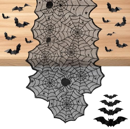 Runner Tavola Halloween & 16pz Decorazioni da Parete a Forma di Pipistrello 3D, 183x45cm Tovaglia Ragnatela Decorazioni Tavola Halloween per Cucina Tavolo da Pranzo Sala Feste di Halloween