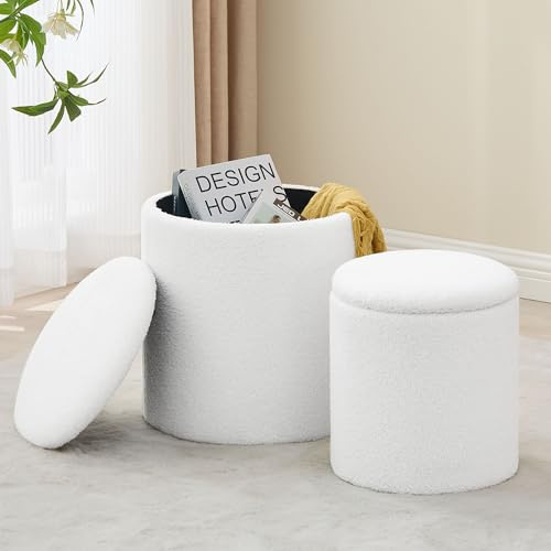 oakvivo Round Set of 2 Ottoman with Storage, Boucle Storage Ottoman Foot Stool, Soft Teddy Upholstered Small Vanity Stool, Ottomans Padded Seat Foot Rest for Living Room Bedroom, White