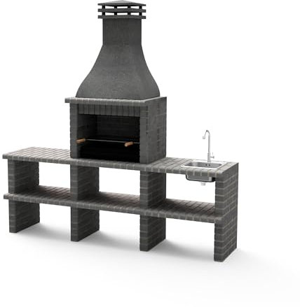 MOVELAR - Barbacoa de Obra Modelo KHIVA PLUS CON 2 SOPORTES LATERALES COMPLETOS CON FREGADERO Y GRIFO Y CON PARRILLA (Gris oscuro - 239 x 58 x 246 cm) REF: M01028 - Uso en Exteriores