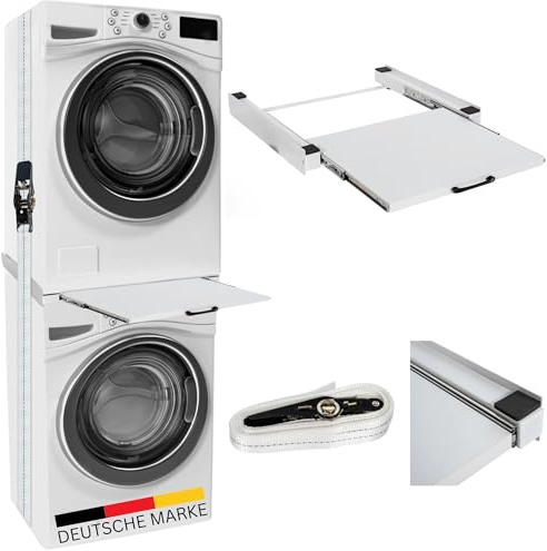 DELUKE® Verbindungsrahmen für Waschmaschine/Trockner EDEO - mit Ablage, 60cm Breit, Universal | Zwischenbaurahmen Waschmaschinen Trockner Zwischenbausatz Stapelbausatz Waschmaschinenzubehör