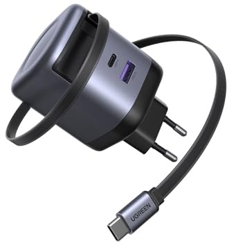 UGREEN Nexode Cargador USB C con Cable Retráctil 65W GAN, Carga Rápido con 3 Puertos, Compatible con MacBook Pro/Air, Galaxy S-A, iPhone 17 Pro MAX Air 16-8, iPad