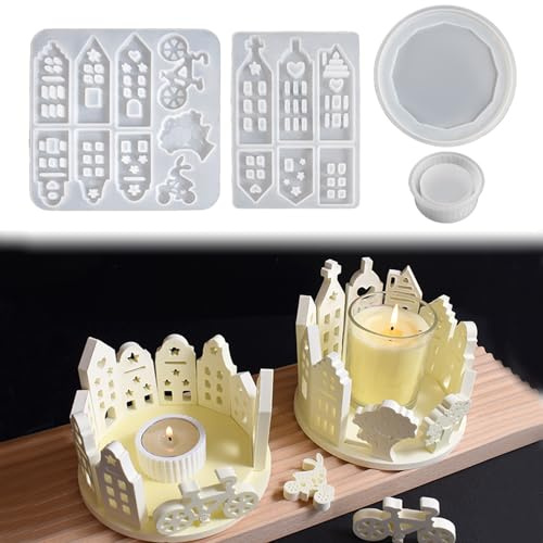 4 Stück Silikonform Kerzenhalter Set Gießformen Häuser, Haus und Rund, Hase Ostern Gießformen für DIY Ostern Deko