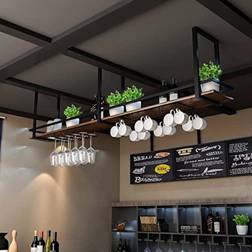 SZITW Mensole galleggianti a soffitto - Portabottiglie sospeso, Portabicchieri da Vino a Parete, Portabottiglie in Legno massello sospeso al soffitto, Portaoggetti Multifunzionale in Ferro, Portao