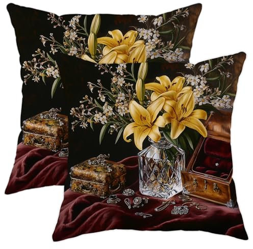Elegante set di 2 federe per cuscini con giglio giallo, stile vintage, decorazione per la casa, per divano, letto, primavera, estate, 45,7 x 45,7 cm