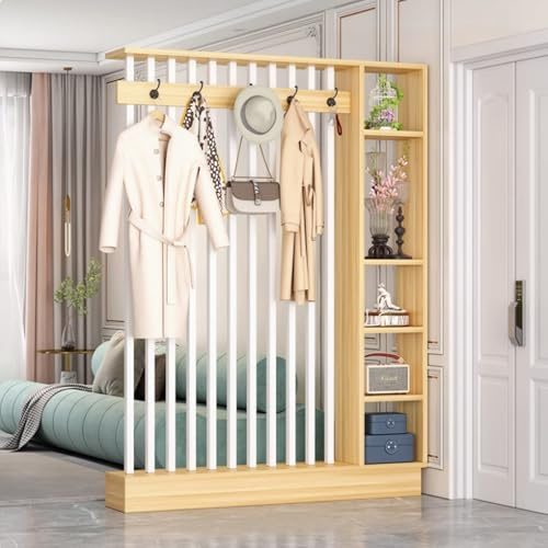 GUAWJRZDP Trennwand-Sule Fr Den Eingangsbereich, Wand-Raumteiler, Holz Lamellen Säulen, Paravent Raumteiler mit Regalen, Trennwand-Raumteiler mit Garderobe, Trennungseingang Dekorieren(Wood+White,L 80