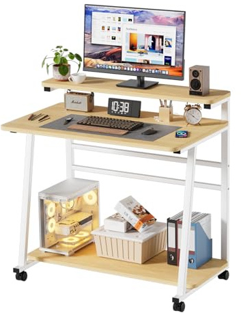 Computertisch klein mit 4 Rollen Kleiner Computertisch Laptoptisch Mit Stauraum Platzsparender PC-Tisch in H-förmige Mobile Schreibtisch Workstation für Wohnzimmer, Schlafzimmer 80 * 50 * 90CM (Holz)