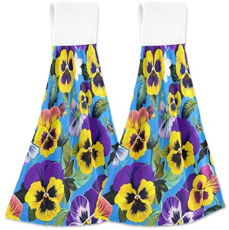 Personalized Purple Yellow Pansy Flowers Blue Fall Hand Towel with Hanging Loop Oven Tea Towels Set of 2 Soft Absorbent Cute Towel Kitchen Decor, 18.2 x 14 Inch