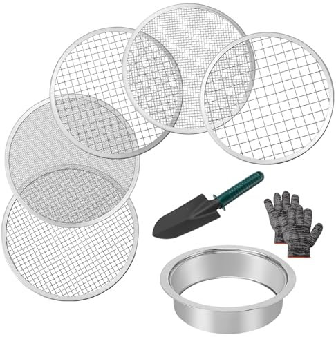 8Pcs Stainless Steel Soil Sieve Set, Garden Sieve Potting Mesh Sieve with 5 Interchangeable Sifting Pan(1-3-6-9-12 mm), Compost Sieve for Soil, Stones, Weeds, Cat Litter, with Spade and Gloves