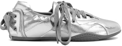 XBKXMK Women's Lace-Up Ballet Sneakers Sneakerina Fashion Ballerina Sneakers Decorative Comfortable Outgoing Ballet Flat Shoes Walking Tennis Casual Shoes Silver
