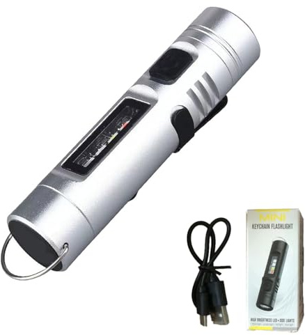 Multi-Functional Aluminum Alloy Mini Flashlight,USB-C Rechargeable Pocket Flashlight with 6 Modes,Compact Small LED Torches,High Lumens Super Bright Mini Torch for Camping,Hiking,Emergency (Silver)