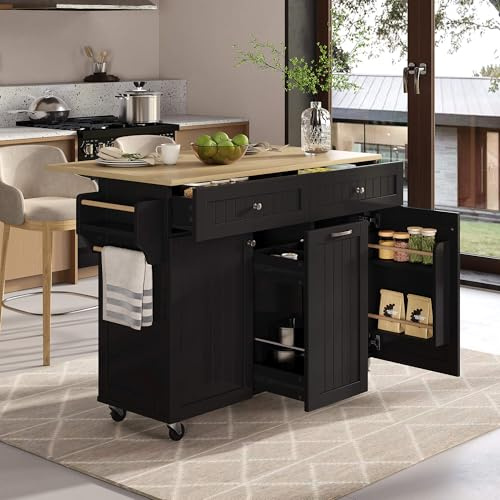 HYUB Isla de cocina independiente con encimera plegable, con cajones multifunción y estante para especias, con estante para especias y gran espacio de almacenamiento, color negro