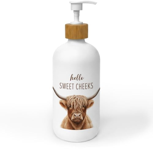 ChissNook Highland Cow Soap Dispenser, Western Farmhouse Hello Sweet Cheeks Bathroom Countertop Hand Soap Dispenser with Pump, Western Highland Cow Bathroom Decor Glass Pump Bottle Container