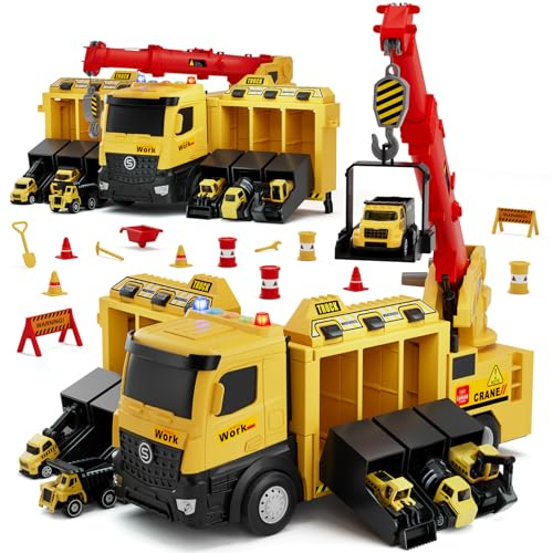 Lehoo Castle Camión de Juguete con Grúa Luz y Sonido, Vehículos de Construcción Regalo para Niños de 3 4 5 6 Años, Garaje Coches Juguete con 6 Mini Excavadora Tractor y Piezas de Construcción