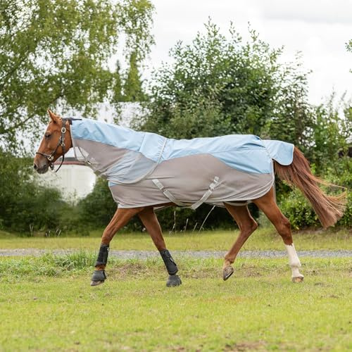 SUNRIDE Regen- Fliegendecke 0g für Pferde (Oslo) - 1200D - mit abnehmbarem Halsteil - 100% wasserdicht - 3.000mm Wassersäule (blau/grau, 125cm)