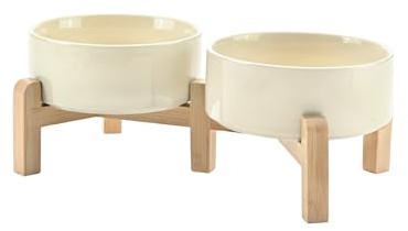 SPUNKYJUNKY Erhöhter Hundenapf Keramik, 13 cm Futter- und Wassernapf mit rutschfestem Bambus Ständer für Welpen, kleine Hunde & Katzen, Spülmaschinen- & mikrowellengeeignet - 400 ml, Beige