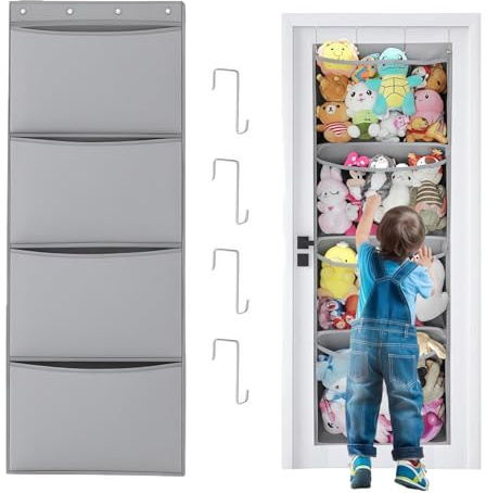 MxSplorion TüR HäNgeorganizer Kuscheltier Aufbewahrung, Aufbewahrung HäNgeaufbewahrung Stofftiernetz Mit 4 Taschen, HäNgend Organizer Spielzeug FüR Kinderzimmer, Schlafzimmer, Kleiderschrank, Grau