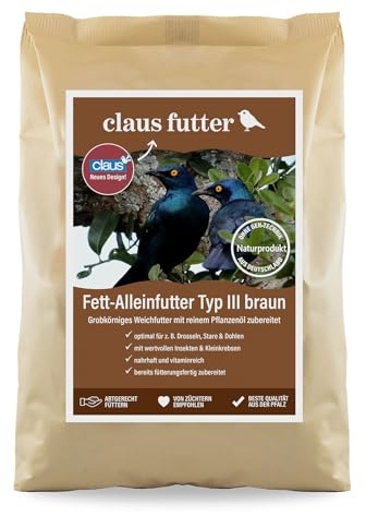 claus Fett-Alleinfutter III braun | 1 kg | Grobkörniges Weichfutter für Wildvögel wie Stare, Drosseln, Dohlen | Mit wertvollen Insekten, Vitaminen und Sojaöl | Fütterungsfertig