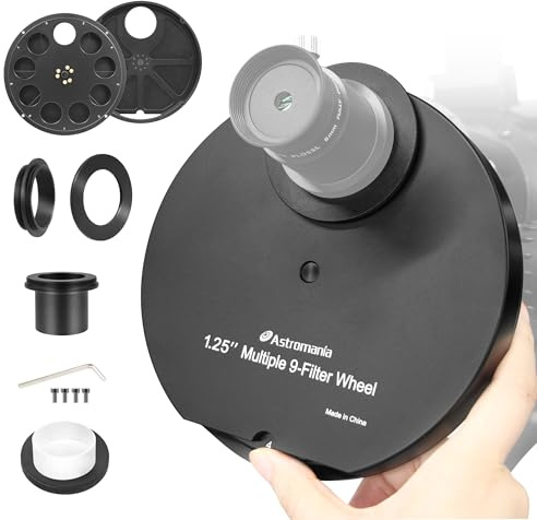 Astromania Telescope Filter Drawer, Multiple 9-Position Filter Wheel Holder for Telescope with T-Adapter, Telescope Accessories Compatible with 1.25 Inch Filters for Planetary Moon Nebula Observation