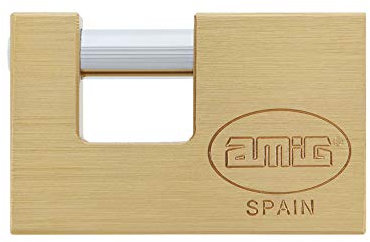 Amig - Candado de seguridad rectangular con barra - Incluye 2 llaves - Latón y arco de Acero tratado - Alta seguridad antirrobo para puertas de camiones, contenedores, obras - Ancho: 75 mm