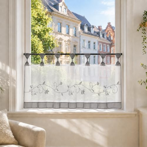 Joyswahl Scheibengardine Voile Bistrogardine Selina mit Blumen-Stickerei Muster Transparente Gardine HxB 60x120cm Grau 1er Pack