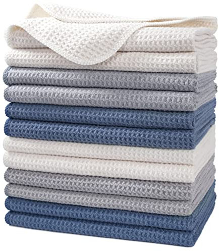 Polyte - Premium-Geschirrhandtücher aus Mikrofaser - Waffelstruktur - Dunkelblau, Grau, Altweiß - 40 x 71 cm - 12 Stück