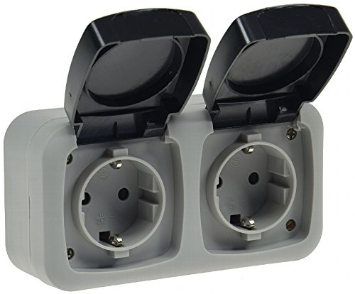 Feuchtraum Steckdose 2x Schuko. Aufputz-Steckdose für 250V/50Hz, max. 16A, IP44. Stabile Doppel-Steckdose Schuko grau für Keller, Garage, Waschküche.
