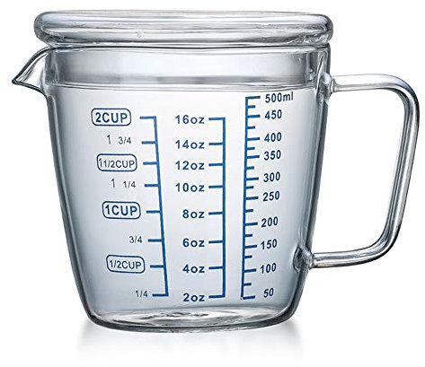 TAMUME 500ml Brocca di Misurazione del Vetro Microonde Misurino con Coperchio Dosatori (500ML)
