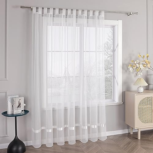 HongYa Gardine Transparent aus Voile mit Schlaufen und Satinband | Weiß, H/B 120/300 cm, einteilig, lichtdurchlässig, pflegeleicht, weich fallend, für Wohnzimmer und Schlafzimmer