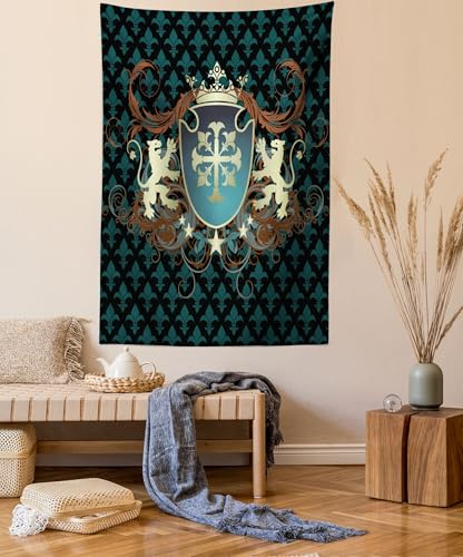 ABAKUHAUS Mittelalterlich Wandteppich und Tagesdecke, Mittelalter Wappen aus Weiches Mikrofaser Stoff Waschbar ohne Verblassen Digitaldruck, 140 x 230 cm,Teal Schwarz Zimt
