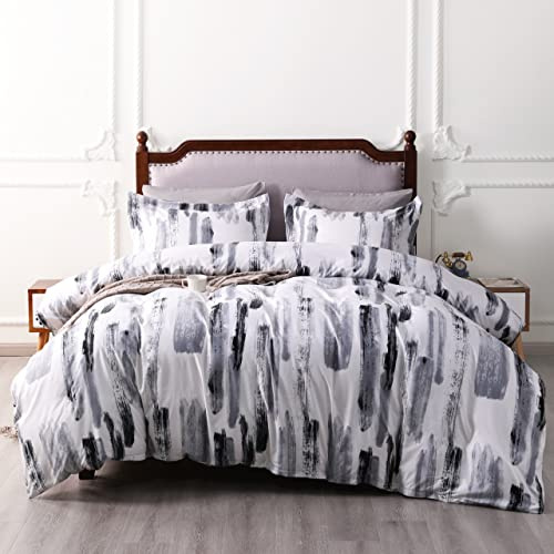NTBAY 3 Pieces Ink Pattern Duvet Cover Set, Brushed Microfiber Soft Black and White Queen Duvet Cover Set, Reversible Zipper Comforter Cover with Ties and 2 Pillow Shams
