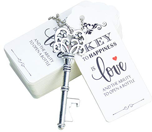 Aokbean 52 pezzi Vintage Apribottiglie Matrimonio Apribottiglie Bomboniera Set Matrimonio Souvenir Ospite con Escort Grazie Tag e Portachiavi(Argento Antico)
