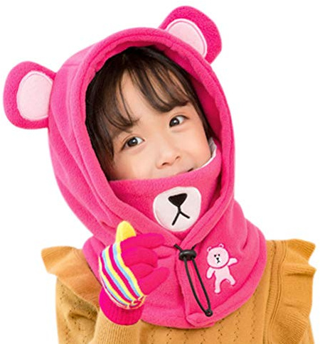 Kids 3 in 1 Hat Warm Mask Scarf Set Boys Girls Fleece Balaclava Ski Hat Neckwarmer Mask Adjustable Windproof Hood Winter Thermal Neck Snood for Children Age 5-10 (Pink)