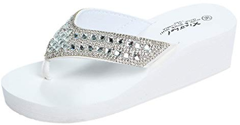 Pantoufles Mode Été Femmes Strass Compensées Tongs Chaussures de Plage Décontractées (38,Blanc)