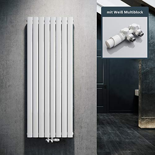 ELEGANT Design Heizkörper Flach 1600x616mm mit Weiß Multiblock Thermostat Flachheizkörper Weiß Einlagig Vertikal Heizkörper Mittelanschluss