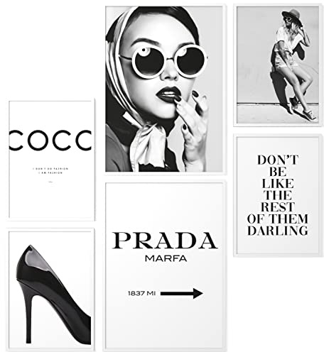 Papierschmiede® Set Mood Posters, Tableau Décoration Murale sans cadres « Coco Noir et Blanc » Bureau, Salon, Deco Chambre Parentale, Cuisine, 2x A3 et 4x A4, Glamour Lifestyle Mode