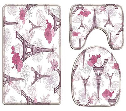 A.Monamour Badezimmer Badematte 3 Teilig Set Eiffelturm Paris Lila Rosa Rosen Blüht Blumenhintergrund Flanell WC Toilette Deckel Deckt Bad Matte Teppich Badteppiche Badvorleger Badgarnitur Vorleger