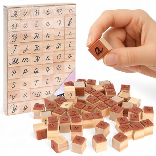 MIJOMA Stempel-Set Buchstaben 54-teilig – Alphabet Groß- & Kleinbuchstaben A-Z – Holzstempel für Basteln DIY Karten Scrapbooking – Letter Stamps für kreative Gestaltung